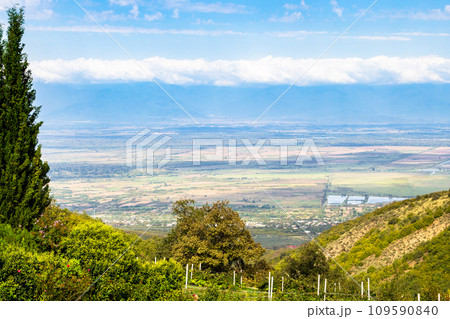 above view of Alazan Valley from Bodbe in Kakheti 109590840