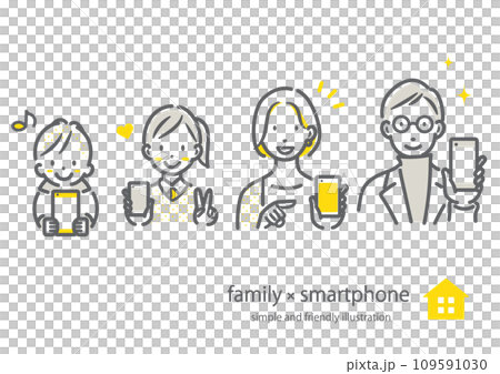 スマホを見せるミドル世代の4人家族　シンプルでお洒落な線画イラスト 109591030