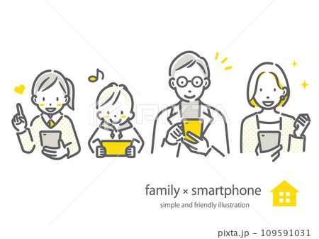 スマホを使うミドル世代の4人家族　シンプルでお洒落な線画イラスト 109591031
