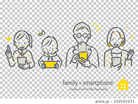 スマホを使うミドル世代の4人家族　シンプルでお洒落な線画イラスト 109591031