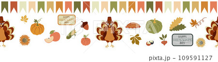 Thanksgiving Turkey and Pumpkin Vector border. Seamless pattern autumn leaves, corn. Harvest festival. Fall party invitation banner. Happy Thanksgiving card decor, footer. Flat illustration 109591127