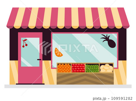 Facade store or shop exterior. Street business building front isolated on white background. Can use for pharmacy, bistro cafe or retail. Colorful vector illustration in cartoon flat style 109591282