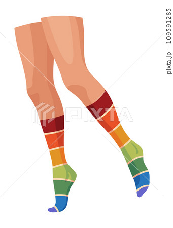 Woman fashion stocking, cartoon icon. Legs in fashionable socks. Elegant female legs. Clothing pieces, garment with bright colored print , footwear 109591285