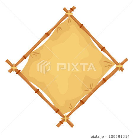 Bamboo frames parchment icon. Wooden tropical stick border. Signboard cartoon or blank papyrus banners. Vector illustration isolated on white background 109591314