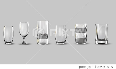 Alcohol glasses set. Transparent empty realistic mockup stemware for different drinks. Vector illustration 109591315
