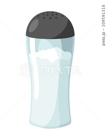 Salt icon. Glass jar, saltcellar with kitchen seasoning, flavoring for sprinkling spicy powder. Ingredient, condiments for food. Vector illustration of spice powder food 109591318