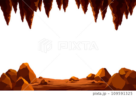View from cave or tunnel vector frame in cartoon style. Cave landscape with place for text. Flat cartoon illustration with blank center 109591325