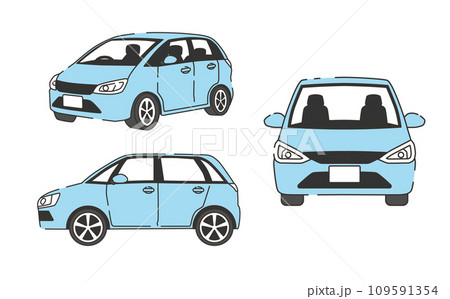 さまざまな角度から見た青いコンパクトカーのイラスト 109591354