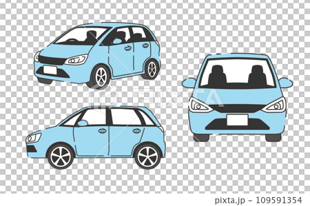 さまざまな角度から見た青いコンパクトカーのイラスト 109591354