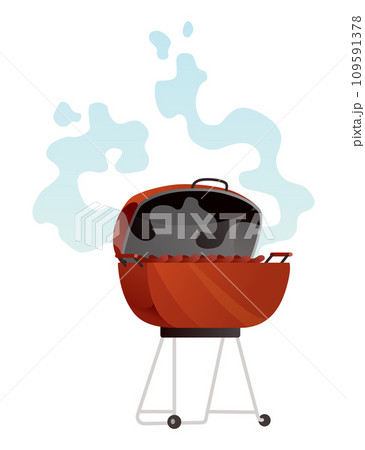 Backyard bbq grill design element. Smoking charcoal grill. Home backyard barbecue equipment. Vector cartoon illustration 109591378