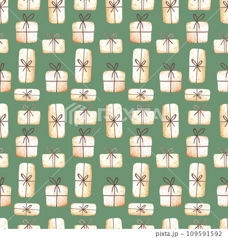 Hand drawn watercolor gifts seamless pattern isolated on green background. Can be used for textile, fabric wrapping and other printed products. 109591592