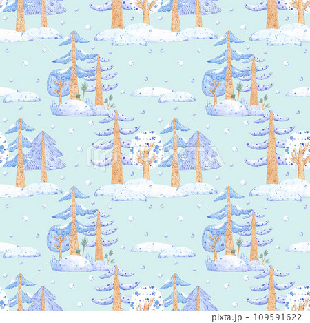 Hand drawn watercolor winter forest seamless pattern. Fairy illustration isolated on blue background. Can be used for textile, wrapping and other printed products. 109591622