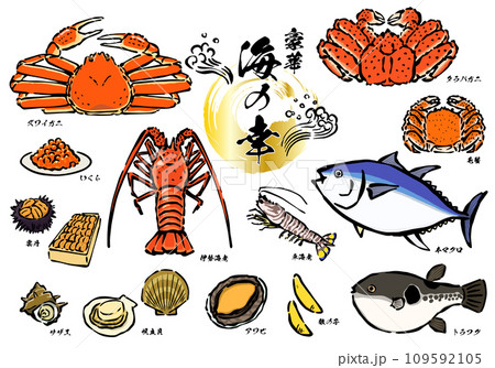 魚介類や海鮮の手書きイラスト素材セット 魚介類や海鮮の手書きイラスト素材セット 109592105