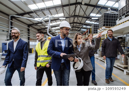 Full team of warehouse employees walking in warehouse. Team of workers, managers, female director in modern industrial factory, heavy industry, manufactrury. 109593249