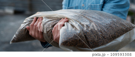 Man holding bag with wood pellets, pellet fuels manufactured in wood pellet line. Reusing wooden industrial waste. 109593308