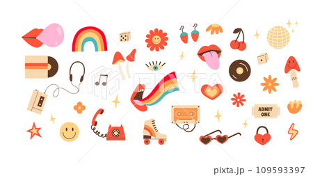 Big retro set of stickers with hippie culture elements. Positive psychedelic flat colored icons in 70s 80s style. Old fashioned vintage objects and signs. Vector illustration isolated on background. 109593397