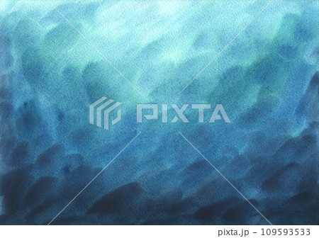 Hand drawn, abstract blue, turquoise watercolor background painting, gradient ocean, sea waves in painted texture with soft washes. Underwater seascape for decoration and design. 109593533