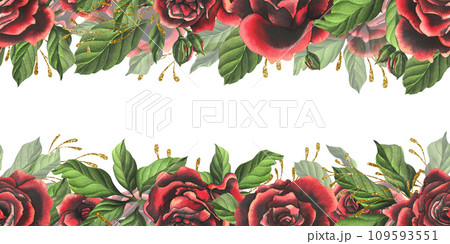 Red-black rose flowers with green leaves and buds, golden branches, chic, bright, beautiful. Hand drawn watercolor illustration. Seamless border a white background, for decoration and design 109593551