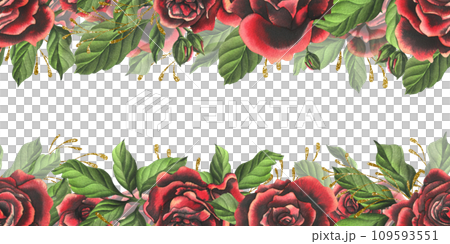 Red-black rose flowers with green leaves and buds, golden branches, chic, bright, beautiful. Hand drawn watercolor illustration. Seamless border a white background, for decoration and design 109593551