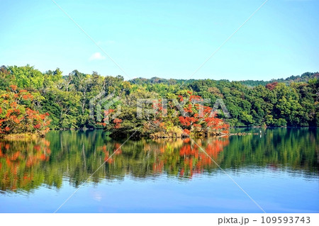 秋晴れと紺碧の湖面の水鏡 109593743