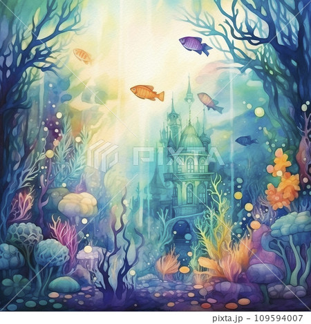 Watercolor background image with marine life, sand castle, seashells, corals on a bright background. Marine illustration for stickers, packaging, labels, children's products, stationery Watercolor background image with marine life, sand castle, seashells, corals on a bright background. Marine illustration for stickers, packaging, labels, children's products, stationery 109594007