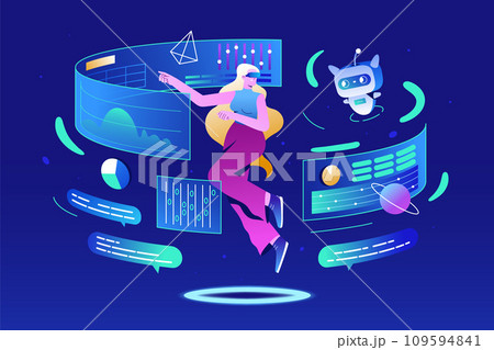 Flat woman in vr glasses communication with ai robot in metaverse Flat woman in vr glasses communication with ai robot in metaverse 109594841