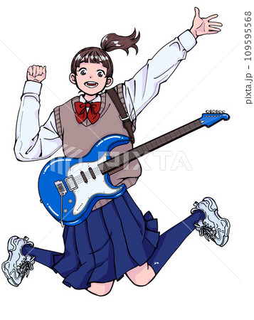 エレキギターを下げてジャンプする女の子 109595568