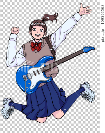 エレキギターを下げてジャンプする女の子 109595568