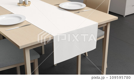 Blank wood table with white runner, dishes mockup, interior background Blank wood table with white runner, dishes mockup, interior background 109595780
