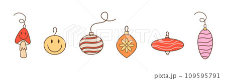 Collection of vintage baubles and decorations for Christmas tree. Set of holiday ornaments. Retro groovy 60s 70s glass balls. Colored vector illustration in flat cartoon style. 109595791