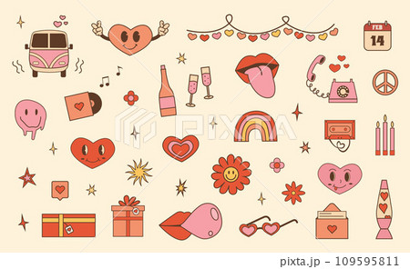 Happy Valentines day. Set of funky hippie elements for social media highlight. Retro 60s 70s trendy icons in pink color. Love dating and wedding concept. Vintage y2k characters. Vector illustration. 109595811