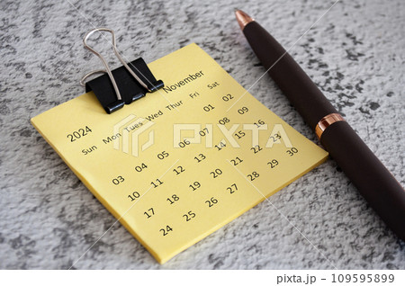 November 2024 calendar on sticky notes. Calendar concept. November 2024 calendar on sticky notes. Calendar concept. 109595899