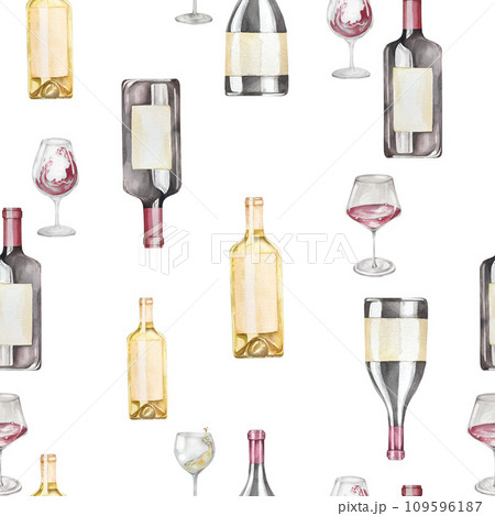 Seamless pattern with bottles of wine and glasses of wine. Watercolor illustration. Alcoholic beverages on the white background. For the design of cafe and restaurant menus, labels 109596187