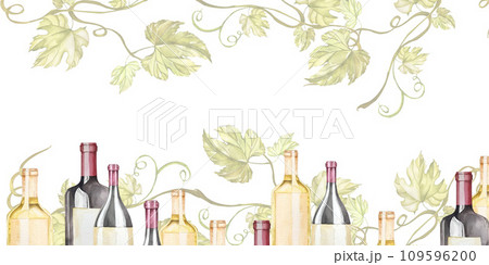 Watercolor banner with bottles of wine with grape vine and leaves. Alcoholic beverages on the white background. For the design of cafe and restaurant menus, labels 109596200