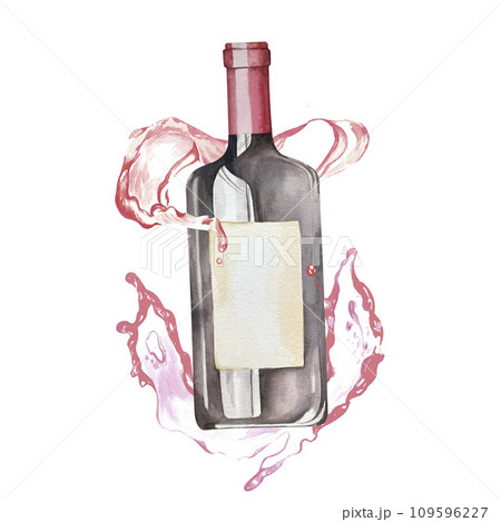 A bottle of wine. Isolated on white background. Hand drawn watercolor illustration. A bottle of wine. Isolated on white background. Hand drawn watercolor illustration. 109596227