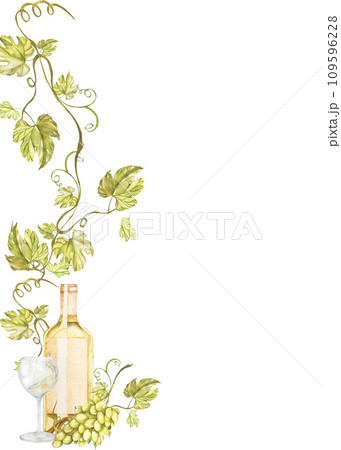 Watercolor wine design elements: wine glass, vine, wine bottle, grape . watercolor illustration. 109596228