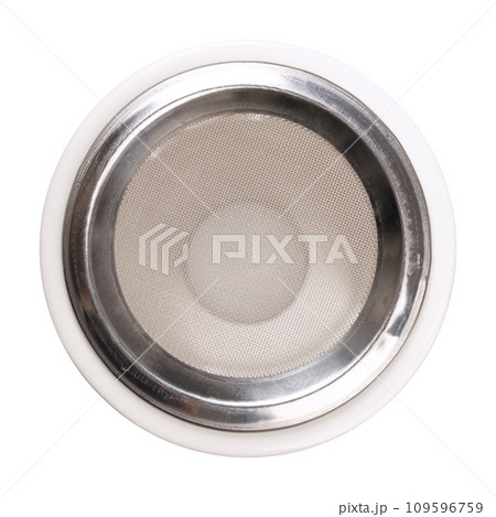 Incense burner with metal sieve, from above. Made of white ceramic, with stainless steel grid, and place for a tealight at the bottom, to mix and burn any desired combination of incense and resins. 109596759