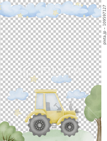 Children's party Invitation. Watercolor illustration hand drawn on isolated background. Baby shower or birthday card template. Cute frame with tractor and clouds with space for text. Children's party Invitation. Watercolor illustration hand drawn on isolated background. Baby shower or birthday card template. Cute frame with tractor and clouds with space for text. 109597127