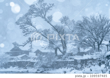 湖北の滋賀県高島市マキノ町海津浜の雪降る古い集落を撮影 109597485