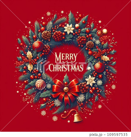 クリスマスリースのイラスト　赤背景 109597535