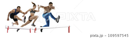 Men and woman, runner athletes in motion, jumping over barrier isolated over white background. Athletics. Collage. Sport and competition Men and woman, runner athletes in motion, jumping over barrier isolated over white background. Athletics. Collage. Sport and competition 109597545
