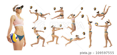 Young woman, beach volleyball player in motion during game, playing isolated over white background. Collage. Sport and competition Young woman, beach volleyball player in motion during game, playing isolated over white background. Collage. Sport and competition 109597555