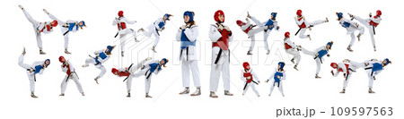 Two women in sportswear, mma athletes in motion, practicing, fighting isolated over white background. Combat sport, martial arts. Collage. Sport and competition Two women in sportswear, mma athletes in motion, practicing, fighting isolated over white background. Combat sport, martial arts. Collage. Sport and competition 109597563