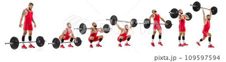 Strong, muscular, bearded man in sportswear training, lifting heavy weights isolated over white background. Weightlifter. Collage. Sport and competition 109597594