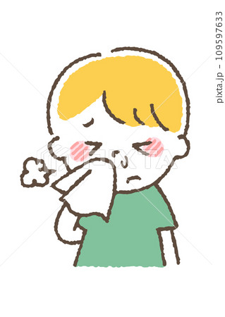 風邪をひいている子供。咳や発熱などの体調不良の症状。 109597633