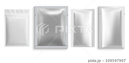 Paper sachet bag. Foil pouch mockup, zipper packet Paper sachet bag. Foil pouch mockup, zipper packet 109597997