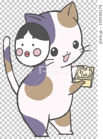 Calico cat wearing a mom mask and showing off Setsubun beans 109598278