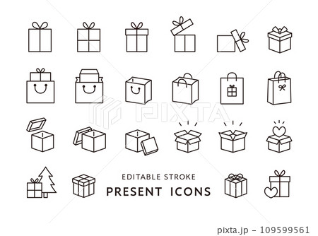 プレゼントボックスや紙袋のアイコンセット（モノクロ） 109599561