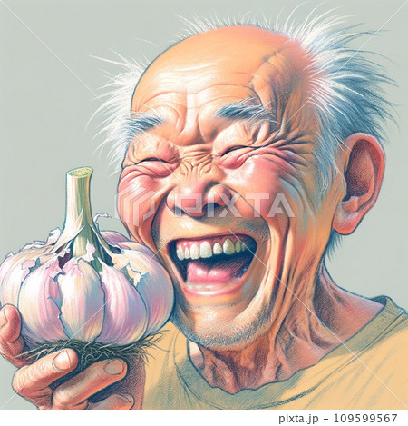 ニンニクを手に、満面の笑みのお爺さん ニンニクを手に、満面の笑みのお爺さん 109599567