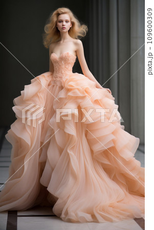 Young woman in a peach fuzz wedding dress, the color trend of 2024 109600309